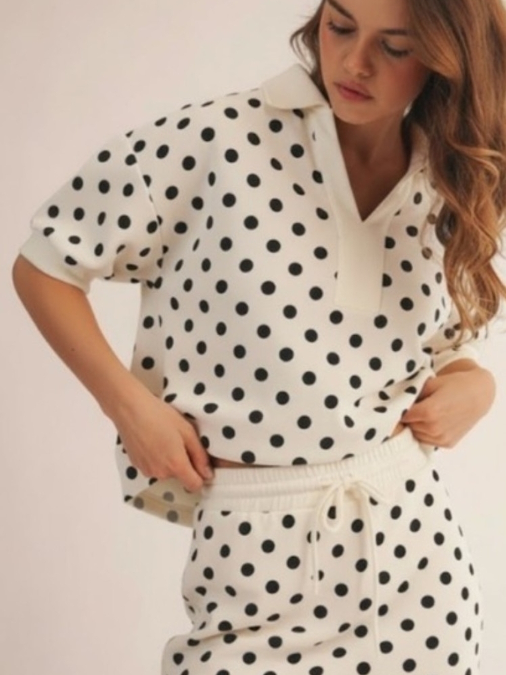 LovLov Polka Dot Knit Pullover and Skirt Lounge Set - White/Black